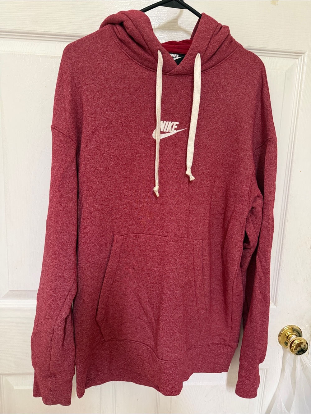Nike Men's Burgundy Crewneck Hoodie with White Drawstrings and Logo
